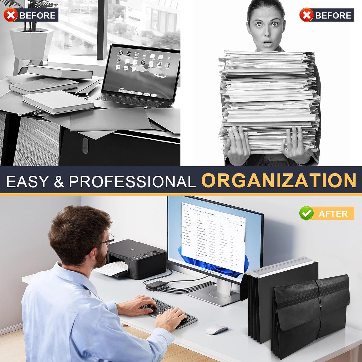 Expanding Accordion File Folder with Flap and Elastic Cord Closure Letter Size Accordion File Wallet Expanding Pocket Folders Document Organizer,4 inch Expansion,6 Pack,Black