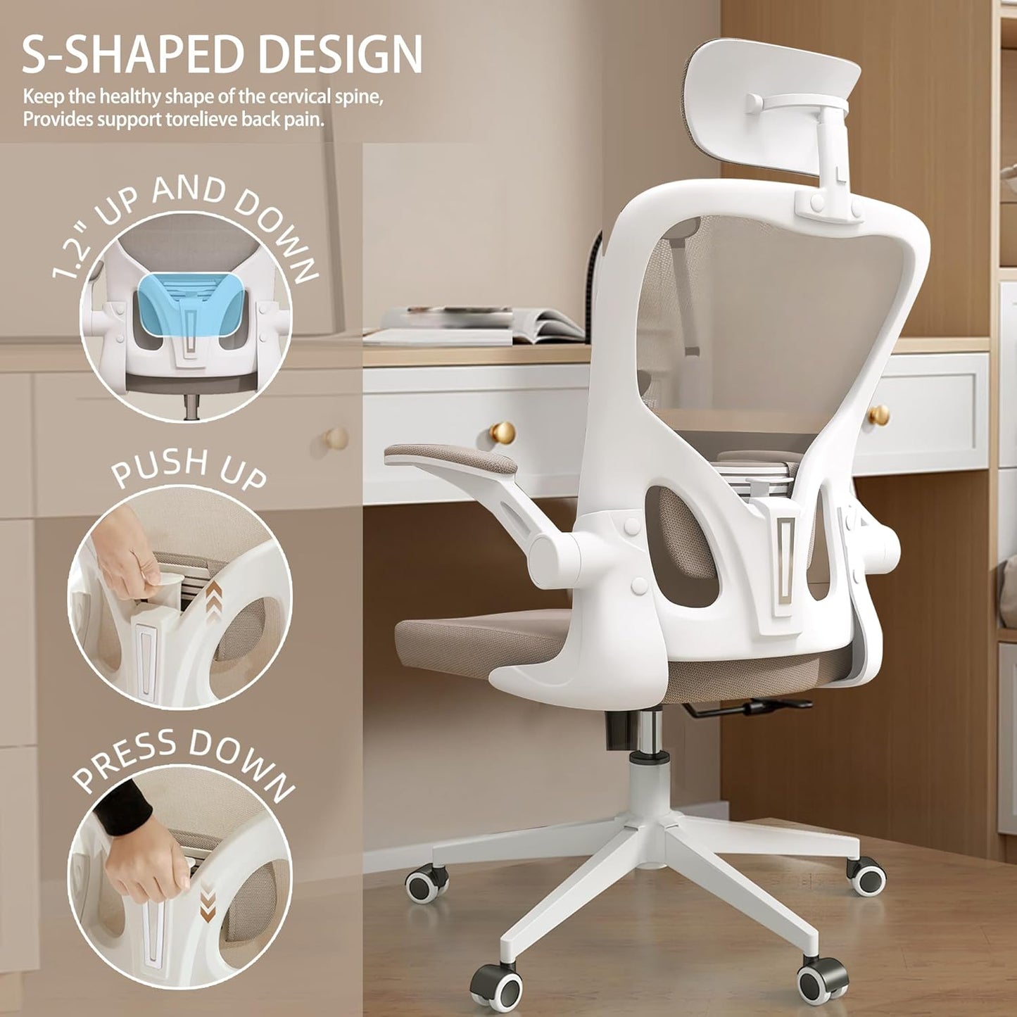 Ergonomic Office Chair, High-Back Mesh Computer Desk Chair with Adjustable Height, Lumbar Support, Flip-Up Armrests,headrest，and Swivel Rolling Design for Home and Office Use