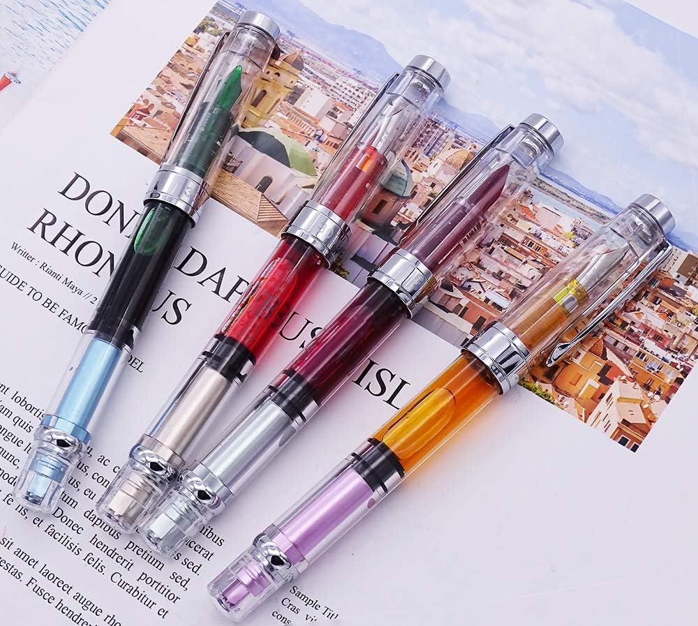 Lanxivi 4 x Yongsheng 3008 Fountain Pen Upgrated Fine Nib,Silver Trim,Piston Filling, Transparent