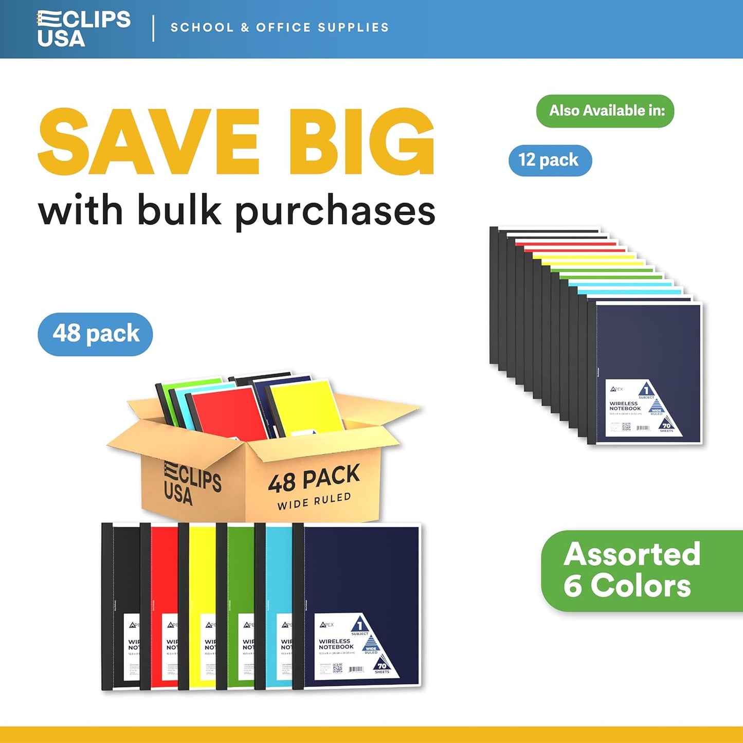 E-CLIPS USA Non Spiral Notebook, 1 Subject, Wide Ruled Notebook, Journal Notebook, Notebooks Bulk, School Supplies, Perforated Edges, 6 Colors, 70 Sheets (48, Wide Ruled)