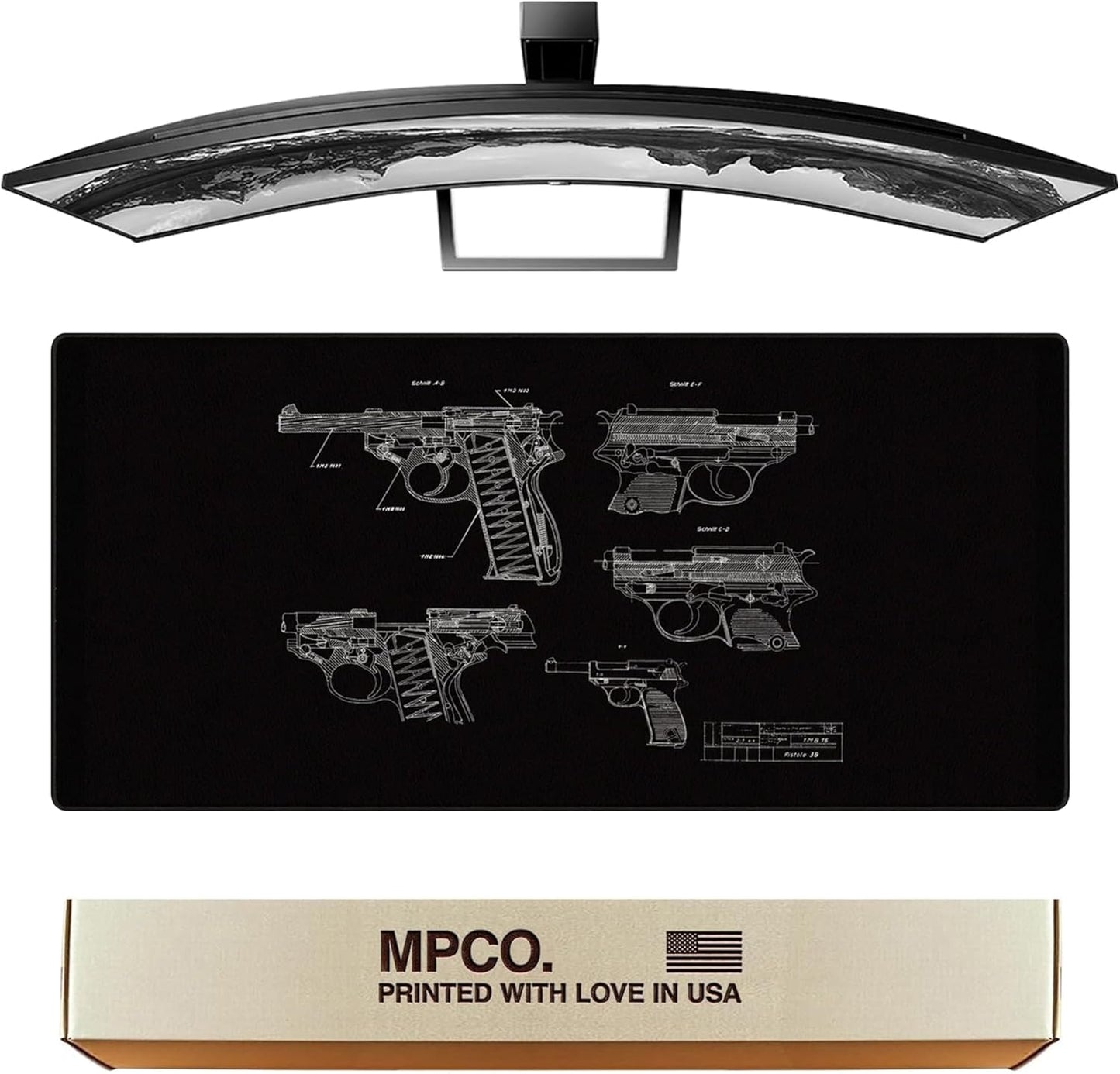 MPCO. Blueprints Large Gaming Desk Pad - 36" x 17" Duraglyde Fabric Pistol 38 – Black Desk Mats - Non-Slip, Washable, Smooth Glide for Precision Gaming & Work