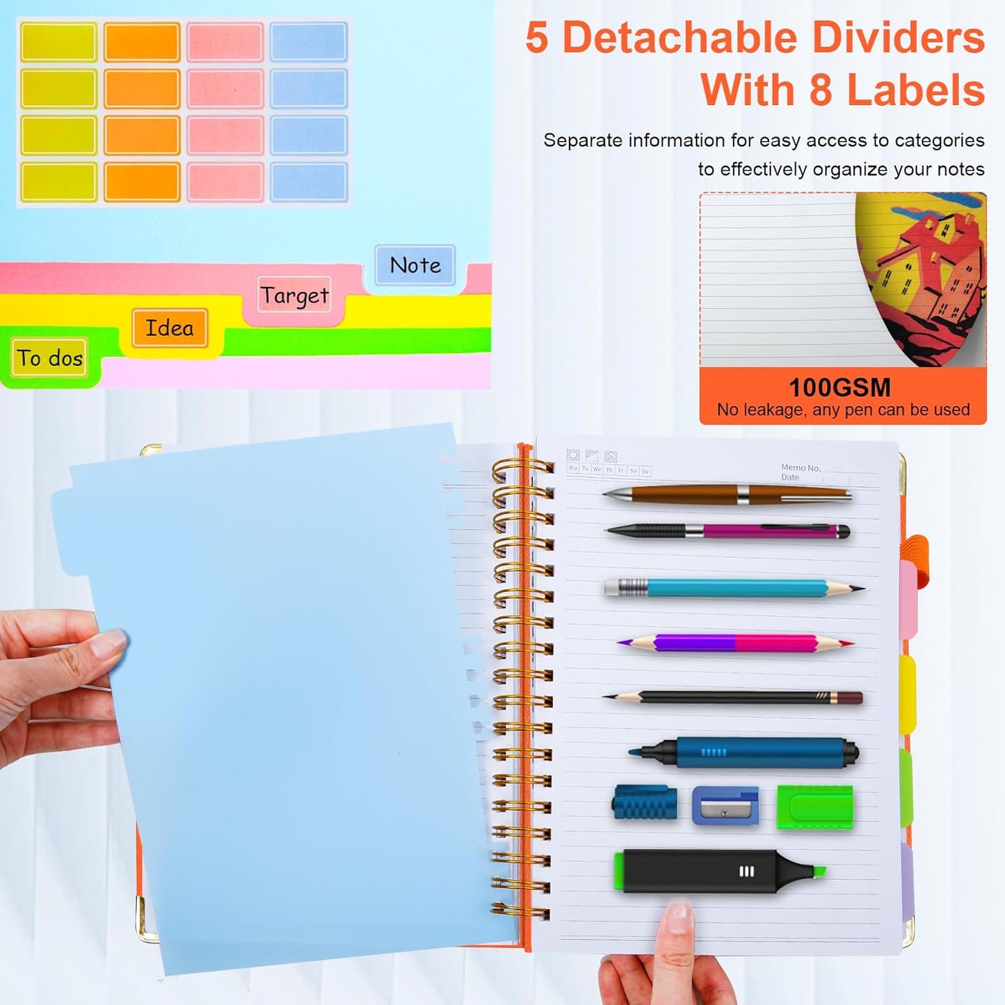 Hardcover Spiral Notebook 8"x10" Journal Notebook with Tabs and Removable Dividers 300 Pages 5 Subject Notebook College Ruled, Faux Leather Spiral Bound Notebook for Women, Students, School Work (Orange)