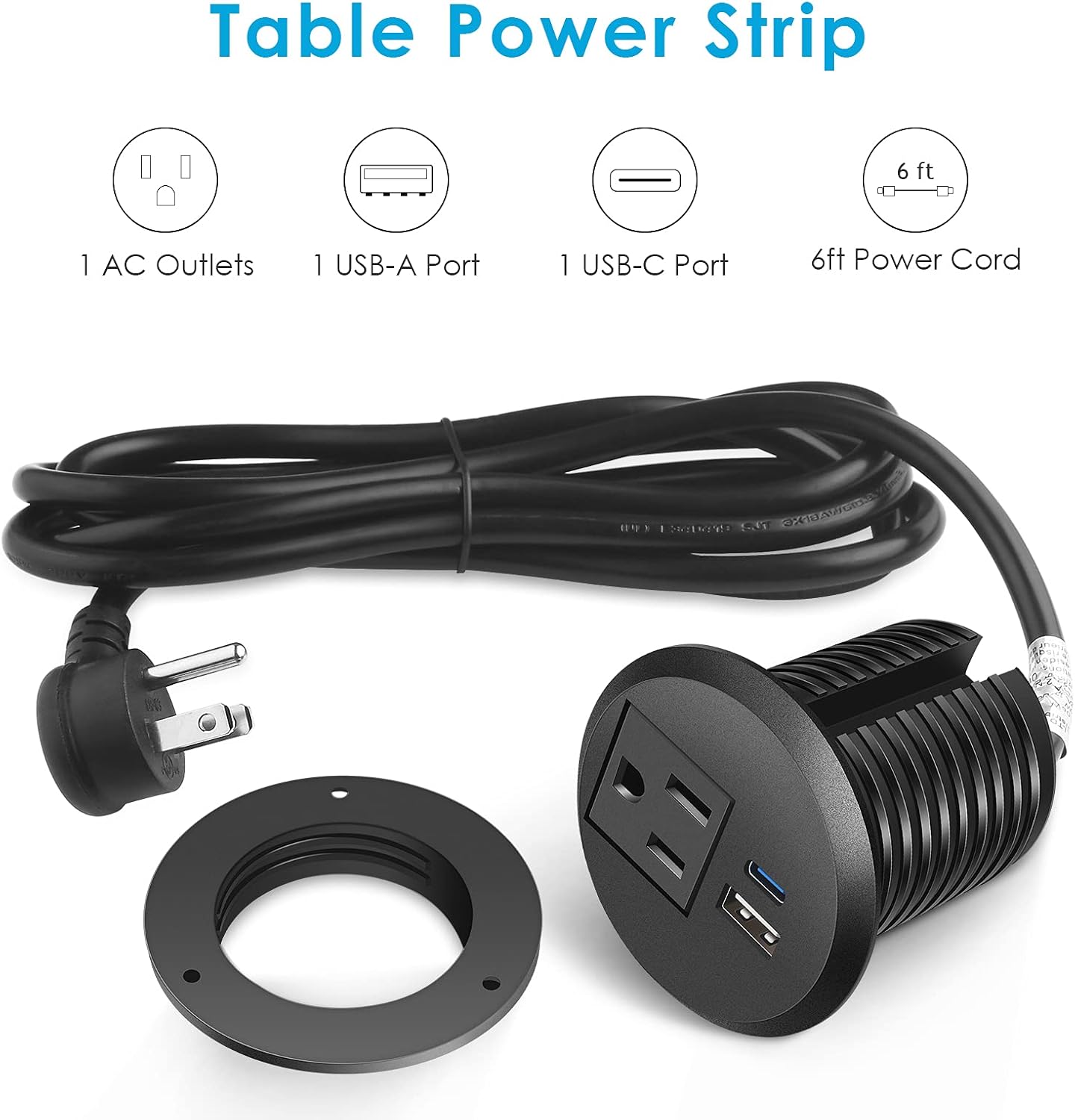 Desktop Power Grommet, 2 inch, USB C PD 20W Fast Charging Station, Desk Hole Recessed Power Outlet,ETL Listed (1, 6 FT Cable)