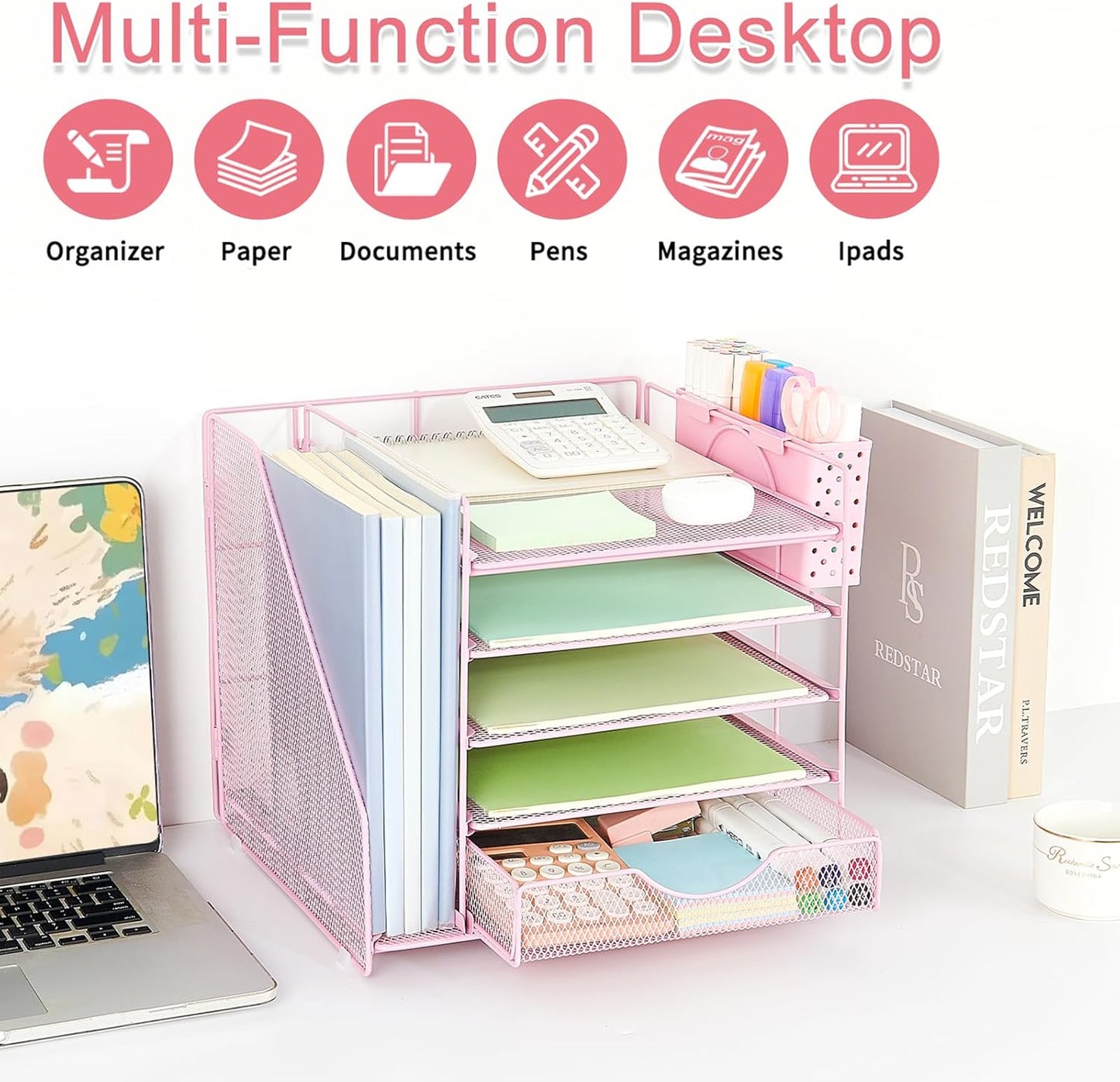 Desk Organizer with Drawer and Pen Holder, 5-Tier Paper Letter Tray Organizer with File Holder, Suitable for Workspace Organizer Office Supplies Storage (Pink)