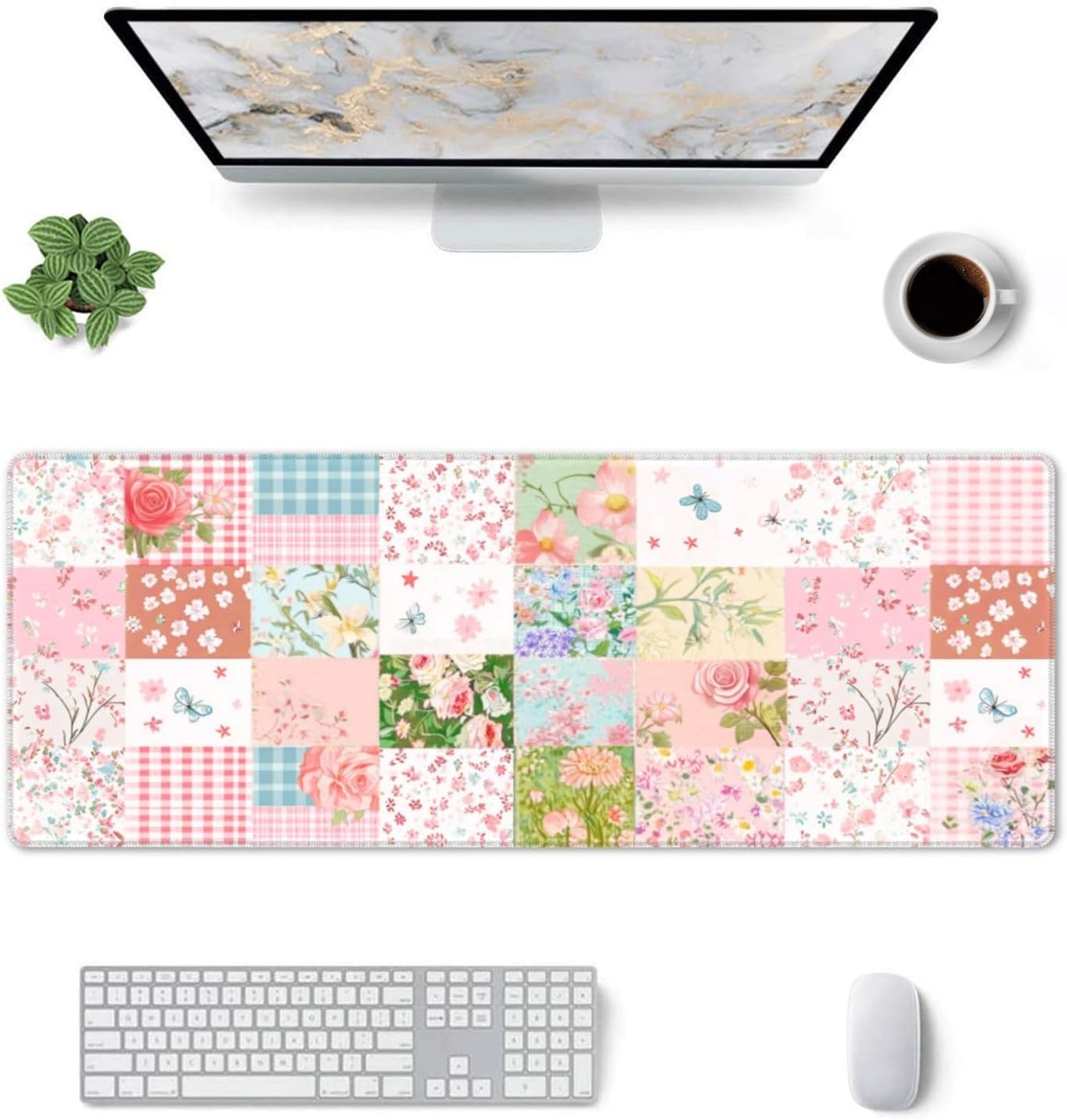 Patchwork Mouse Pad 31.5 X 11.8 Inch Big Desk Rubber Base Stitched Edges Keyboard Pad XXL Mouse Mat for Home Game and Office