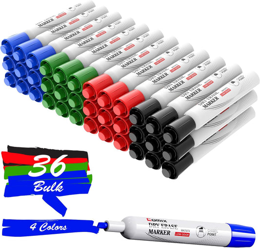 Comix Dry Erase Markers, Chisel Tip White Board Markers, 36 Bulk 4 Assorted Colors Low Odor Markers for Teachers Office & School Supplies