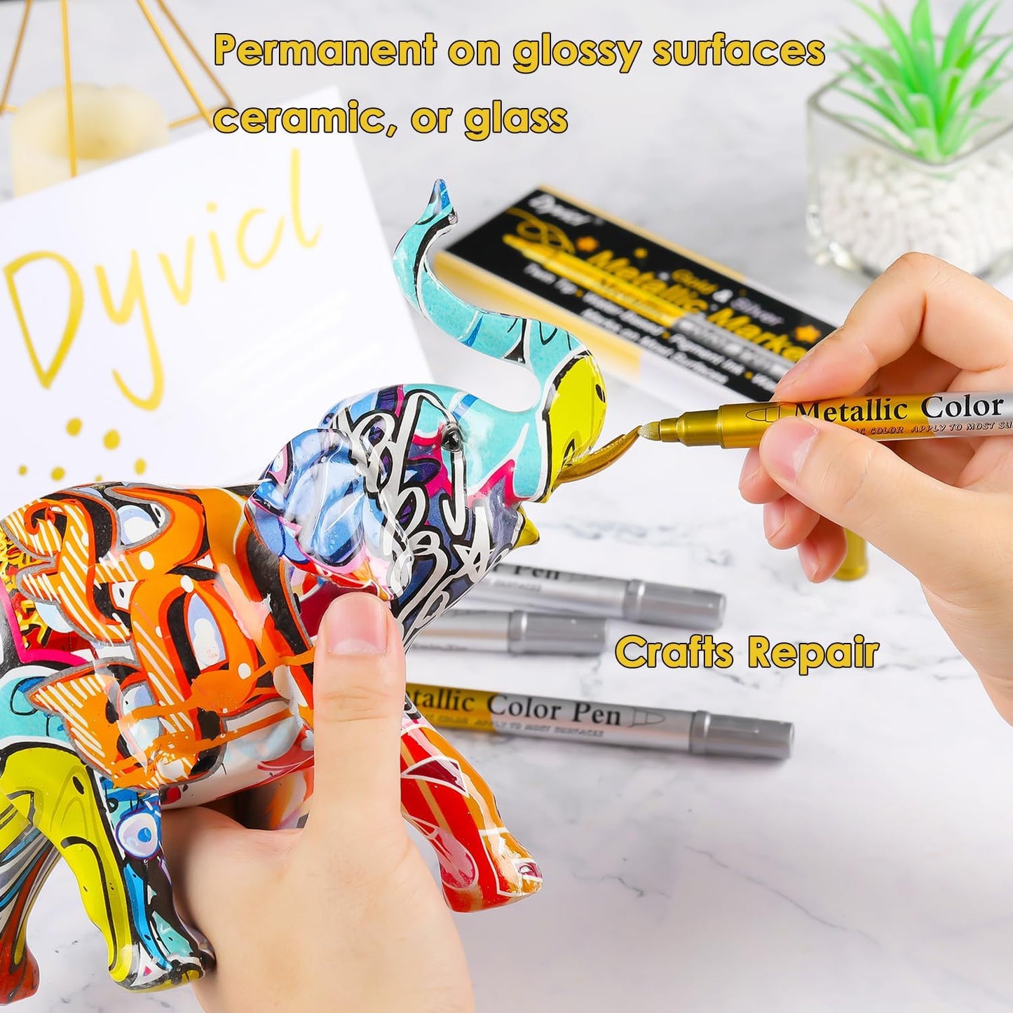 Dyvicl Metallic Marker Pens Dual Tip, Permanent Metallic Silver and Gold Paint Pens for Black Paper, Wine Glass, Rock Painting, Christmas Card Making, Scrapbook, DIY Art Crafts, Set of 4