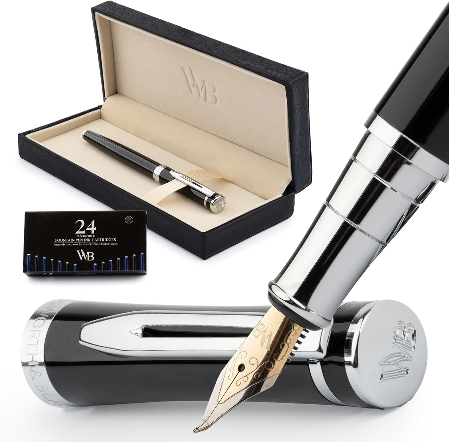 Wordsworth & Black Fountain Pen Set, Bent Nib, Includes 24 Pack Ink Cartridges, Ink Refill Converter & Gift Box, Chrome Finish, Calligraphy, [Black Chrome], Perfect for Men & Women