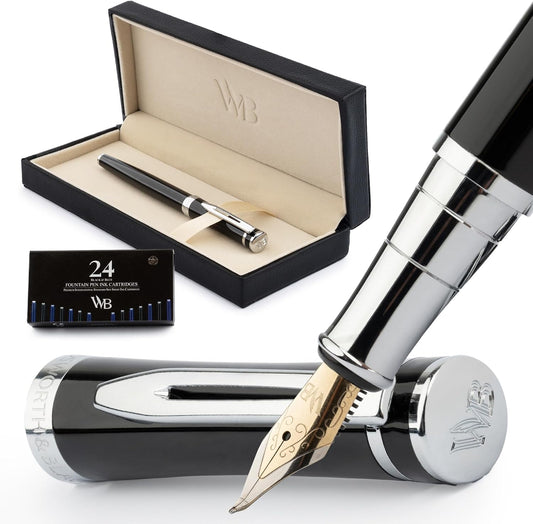 Wordsworth & Black Fountain Pen Set, Bent Nib, Includes 24 Pack Ink Cartridges, Ink Refill Converter & Gift Box, Chrome Finish, Calligraphy, [Black Chrome], Perfect for Men & Women