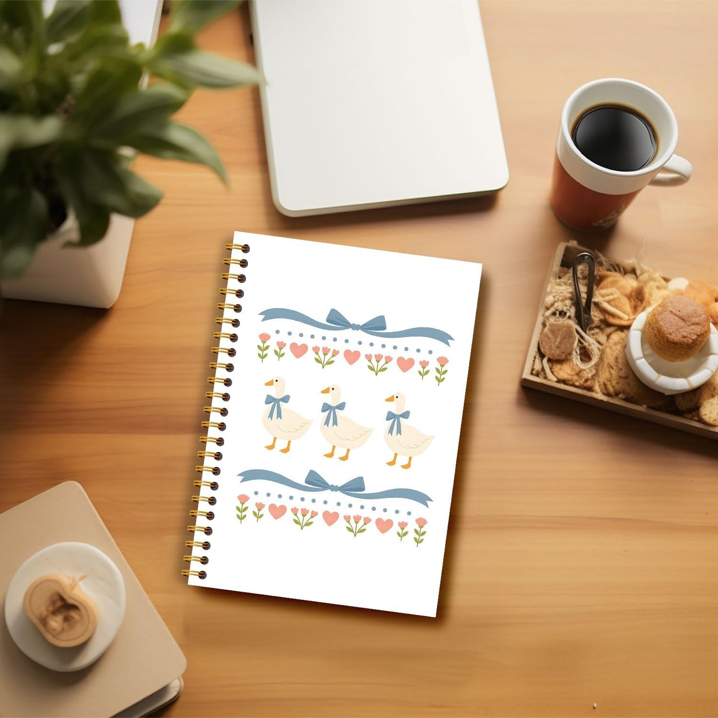 Guymn Coquette Blue Bow Goose Notebook, Groovy Aesthetic Floral Goose Journal for Kids Girls, Geese Animal Lover Gifts Hardcover Spiral Notebooks Journals 5.5x8.3 Inch