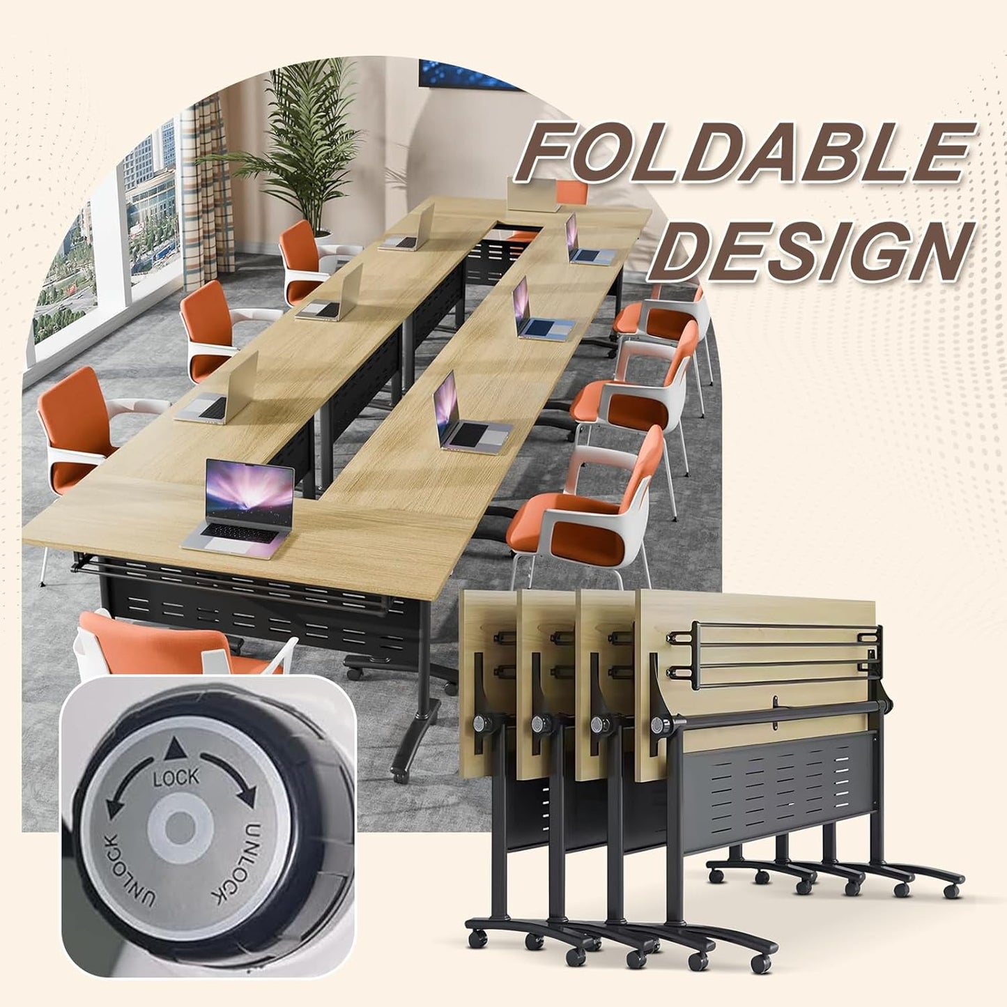 Folding Conference Room Table, Modern Conference Tables with Wheels, Large Rectangular Mobile Training Tables for Office Classroom, Foldable Modular Boardroom Seminar Table Maple (10pack L63in)