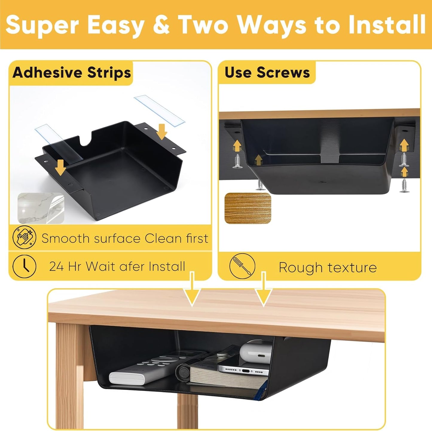 2 Pack Under Desk Hanging Shelf Drawer Organizer, Attachable Plastic Hidden Storage Tray, Easy Adhesive Mount Holder for Standing Tables, Office, Counters, Cabinets, Workstations - Black