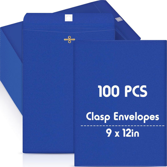 Geyee 100 Pcs Clasp Manilla Envelopes 9 x 12 Inch Gummed Colored Envelopes for Storing or Mailing for Home Office Business Supplies(Navy Blue)