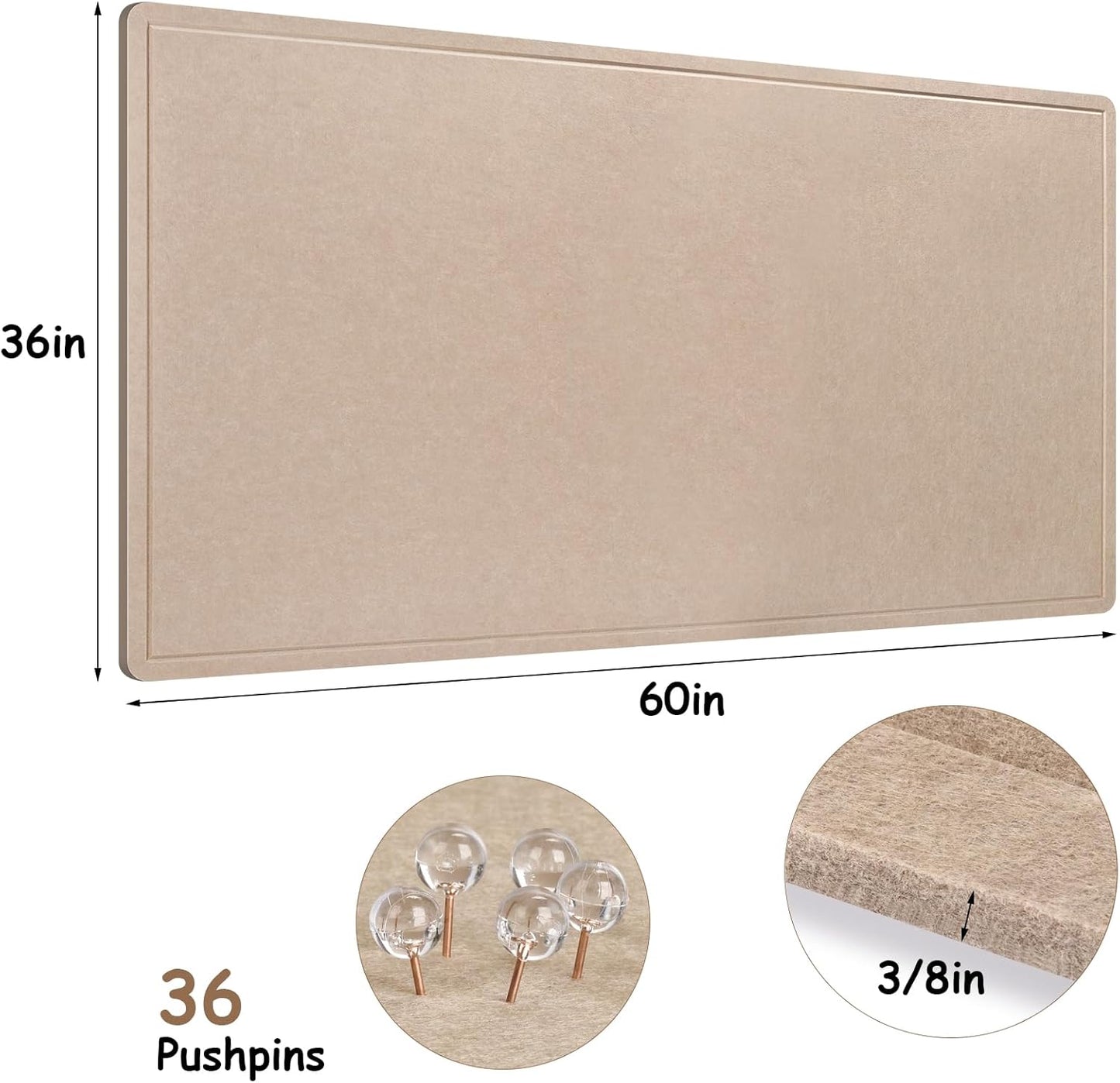 Foldable Large Bulletin Board, 60x36 Inches Cork Board Alternative, Large Felt Board Decorative Pin Board for Wall, Foldable Photo Board Self-Adhesive Vision Board with 36 Pushpins Khaki
