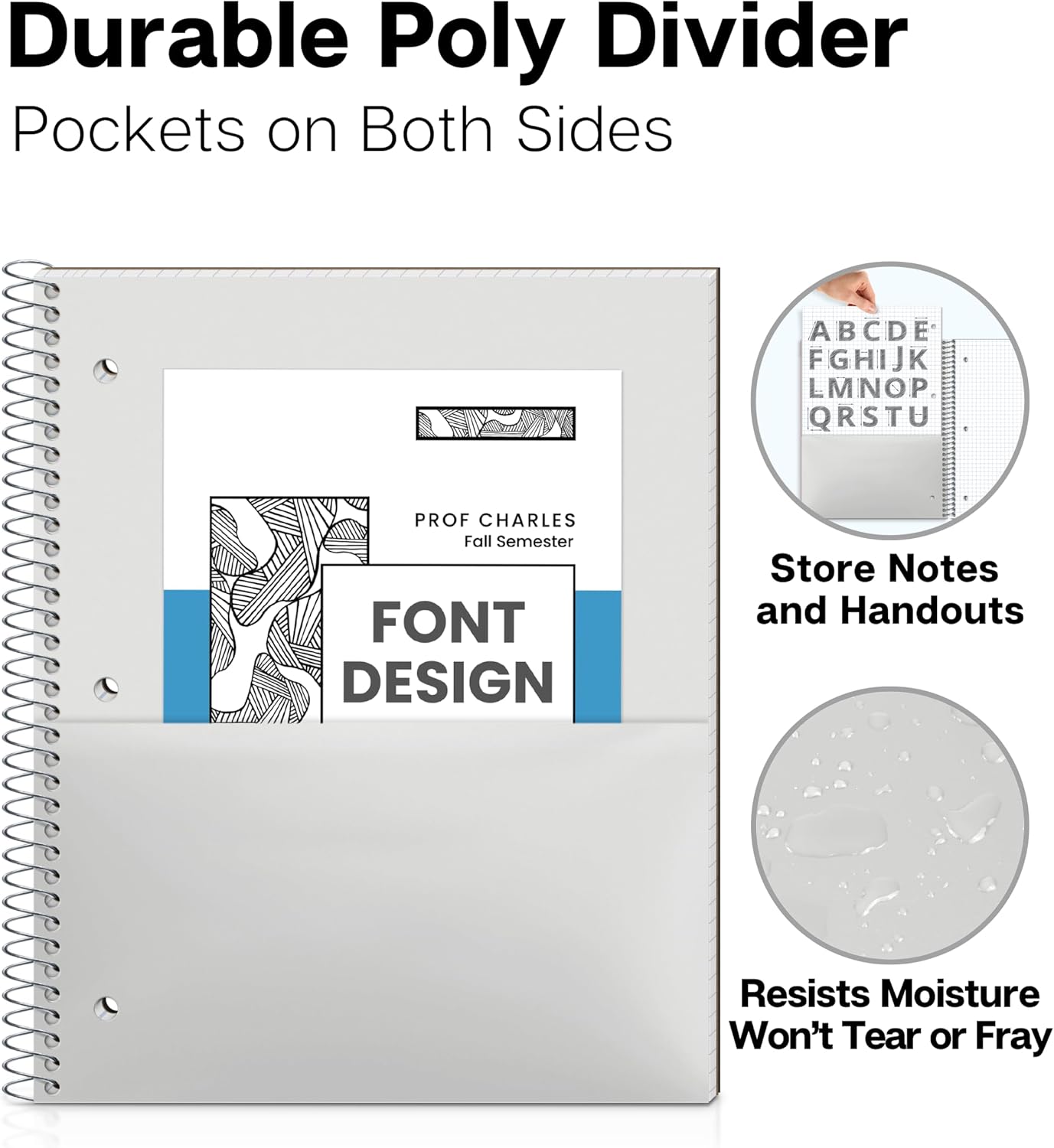 Dunwell Graph Paper Notebook 8.5 x 11 (Black) Plastic Cover, 100 Sheets (200 Pages), 4x4 Squares, 1 Subject Graph Paper Spiral Notebook, 1/4" Grid, Pocket Divider, Easy Tear-Off, 3-Hole Punched