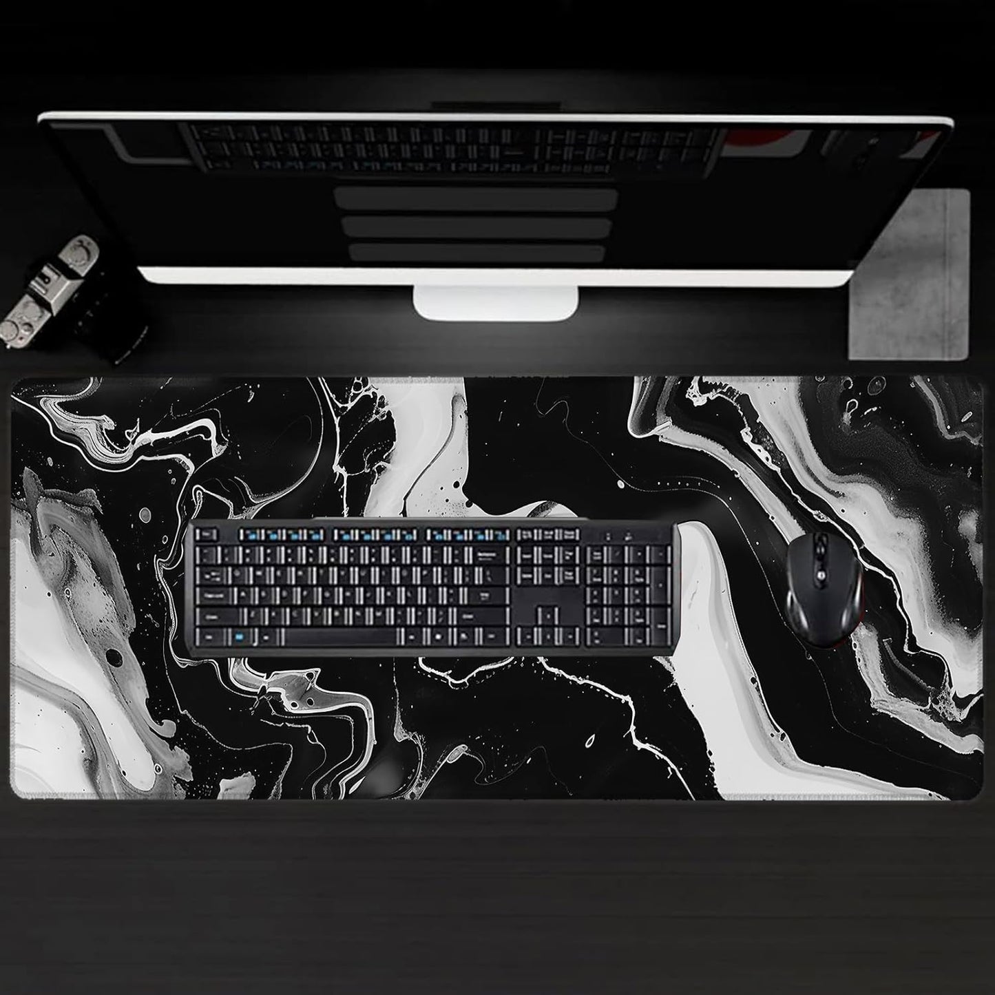 Marble Large Gaming Desk Mat,Rubber Non-Slip Black and White Mouse Pad,31.5x11.8x0.12in Extended Abstract Mousepad,Game Lover Mice Pads Gifts,Office Home Deskmat Decor