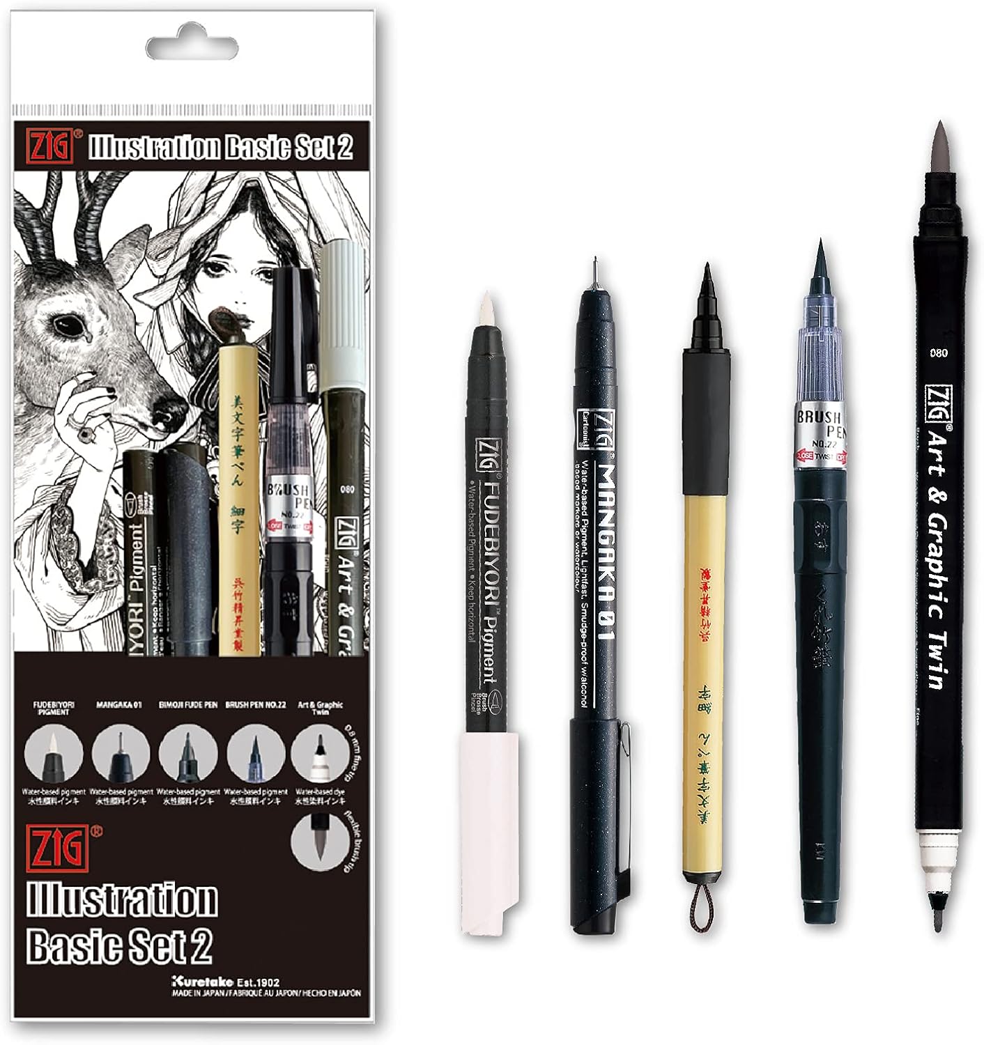 Kuretake Zig Inktober pen set, for Illustration, Manga Drawing, Lettering and Calligraphy, Professional Artist, Made in Japan (Basic No.2(5pcs.))