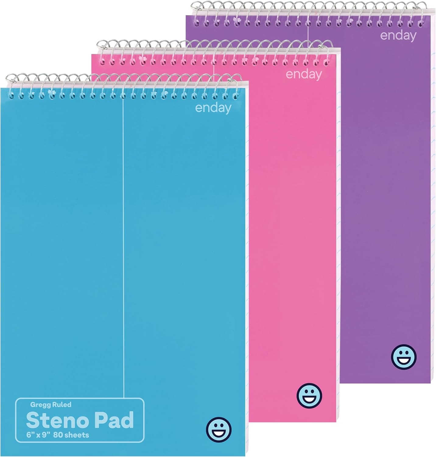 Enday Steno Pads Spiral 6 x 9 inches, Gregg Rule White Paper, 80 Sheets Steno Notebook for writing in Pink, Purple, Green, Blue, Red, Grey, Color May Vary (3 Pack)