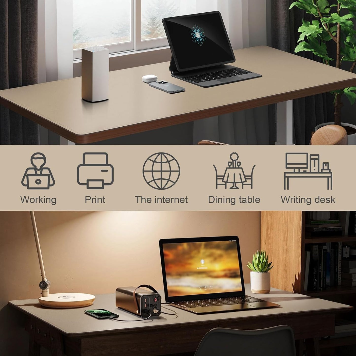 DAWNTREES Desk Mat Protector,PU Leather Desk Pad,Non Slip, Large Mouse Pad and Keyboard Mat, Waterproof Writing Pad for Office and Home (Beige,47.2''x23.6'')