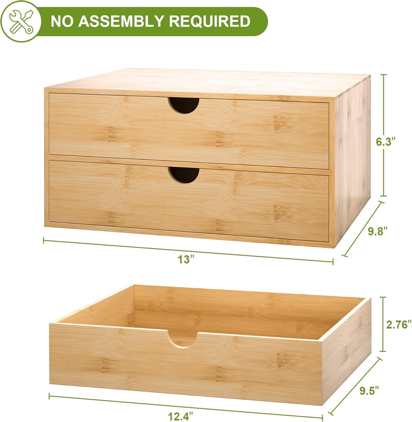 Bamboo Desk Drawer Organizer, Large Desktop Organizer with Drawers Tabletop Storage Organization Box for Office Home Toiletries Supplies Vanity, No Assembly Required (2 Drawer)