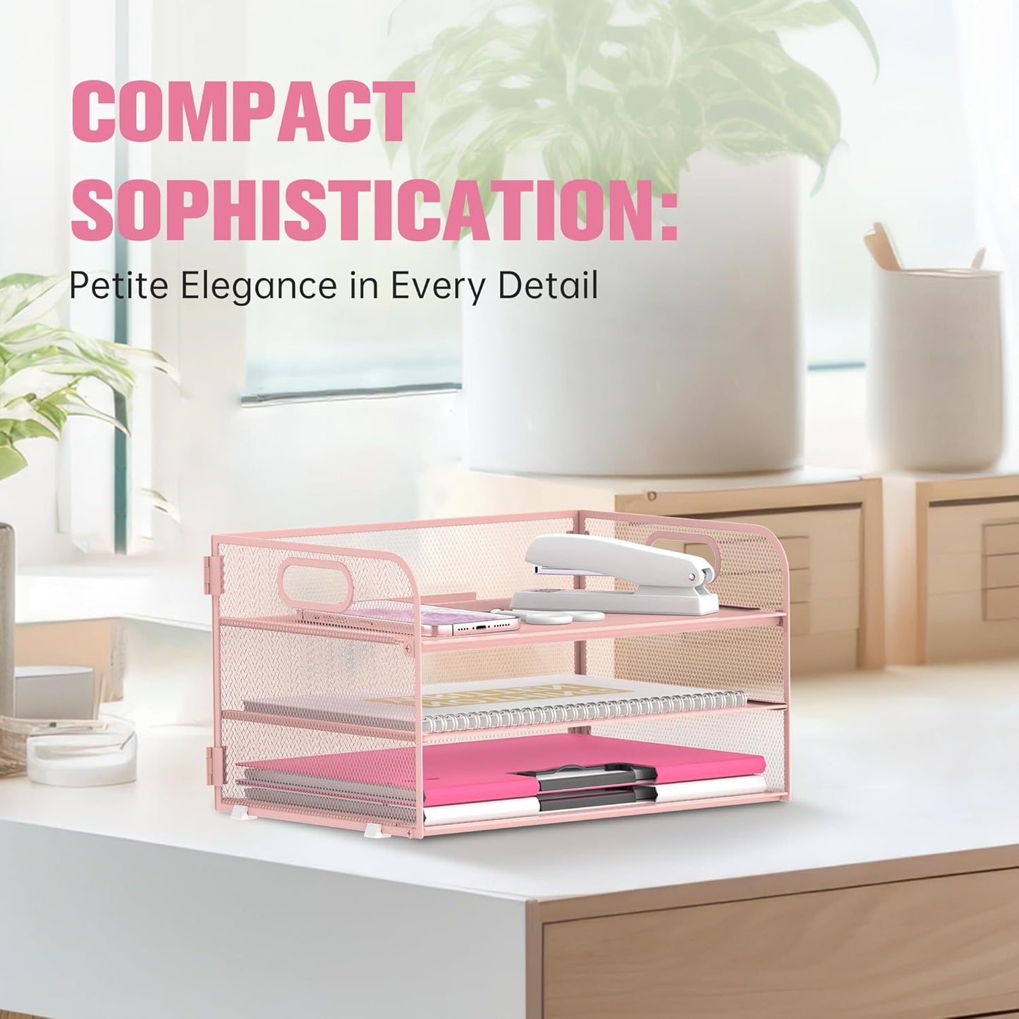Daltack 3-Tier Paper Organizer with Handle, Mesh Desk Organizer Letter Tray, Paper Tray Organizer File Organizer for A4 File Folder, Pink