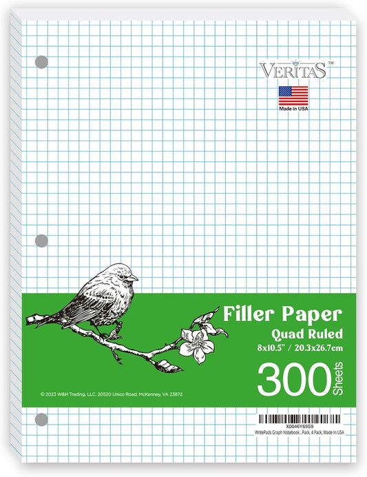 Graph Paper Loose Leaf Paper, Standard 8"x10-1/2" 4x4 Quad Ruled Notebook Paper,3 Hole Punched Filler Paper, 3 Ring Binder Paper, 300 Sheets Grid Paper, Made In USA