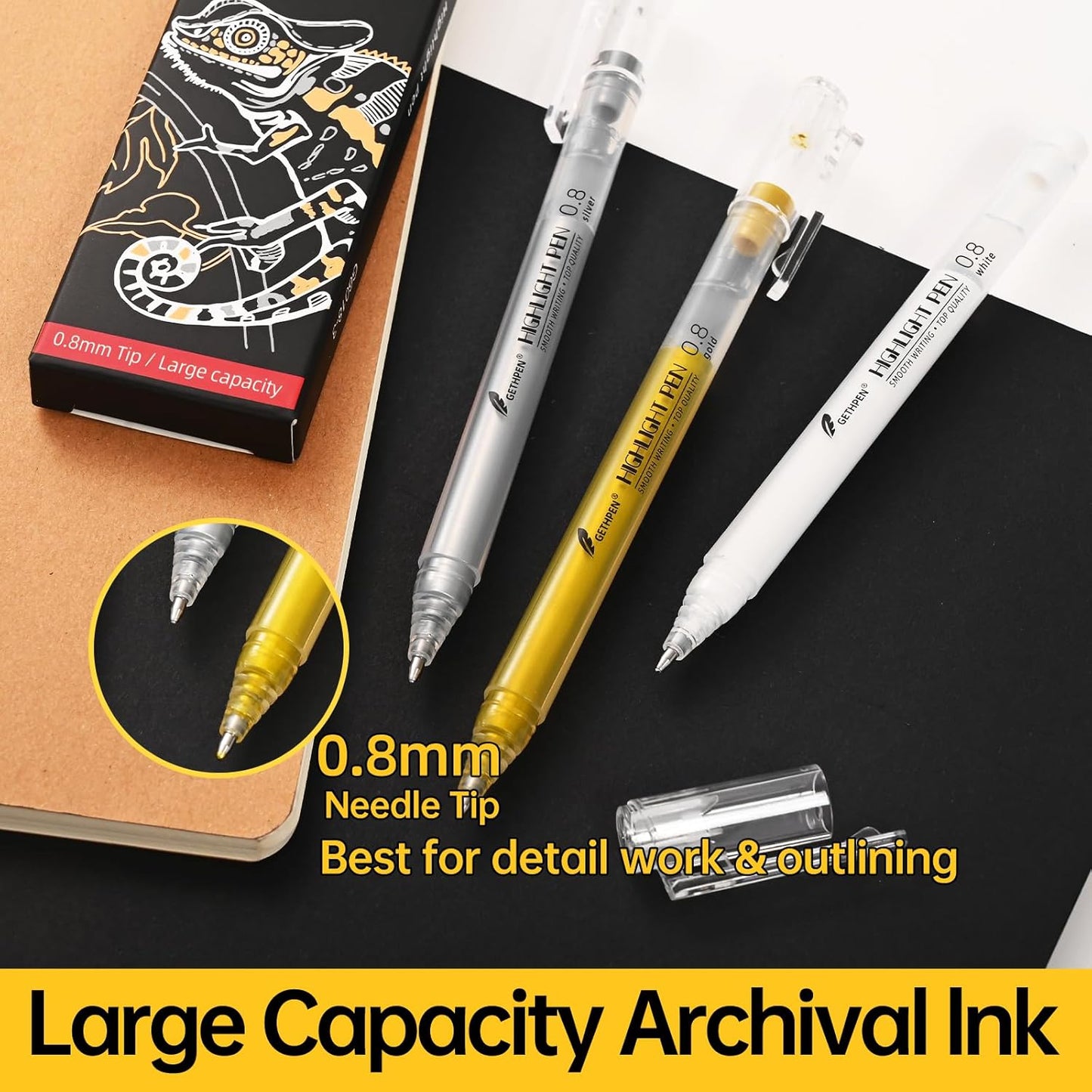 3 Colors 0.8mm Extra Fine Point 6-Pack Gel Pen Set – White, Gold & Silver Gel Ink Pens for Artists Drawing on Black Paper, Sketching, Bullet Journaling & Crafting