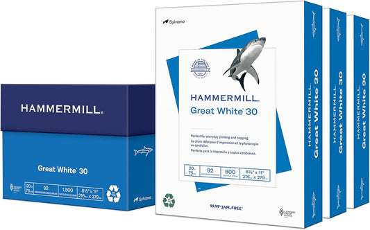Hammermill Printer Paper, Great White 30% Recycled Paper, 8.5 x 11 - 92 Bright, Made in the USA, 086820C - 3 Ream (1,500 Sheets)