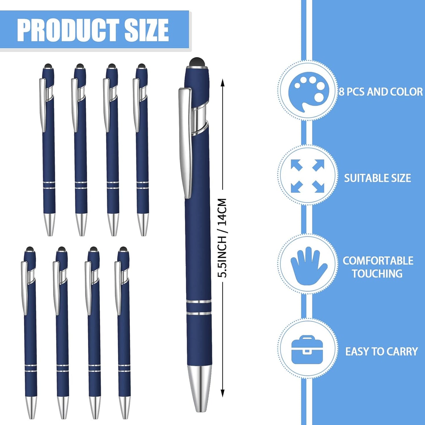 8 Pcs Blue Ink Ballpoint Pen with Stylus Tip 2 in 1 Stylus Ballpoint Pen Metal Pens Stylus Pen for Touch Screens School Office Coworkers (Navy Blue)