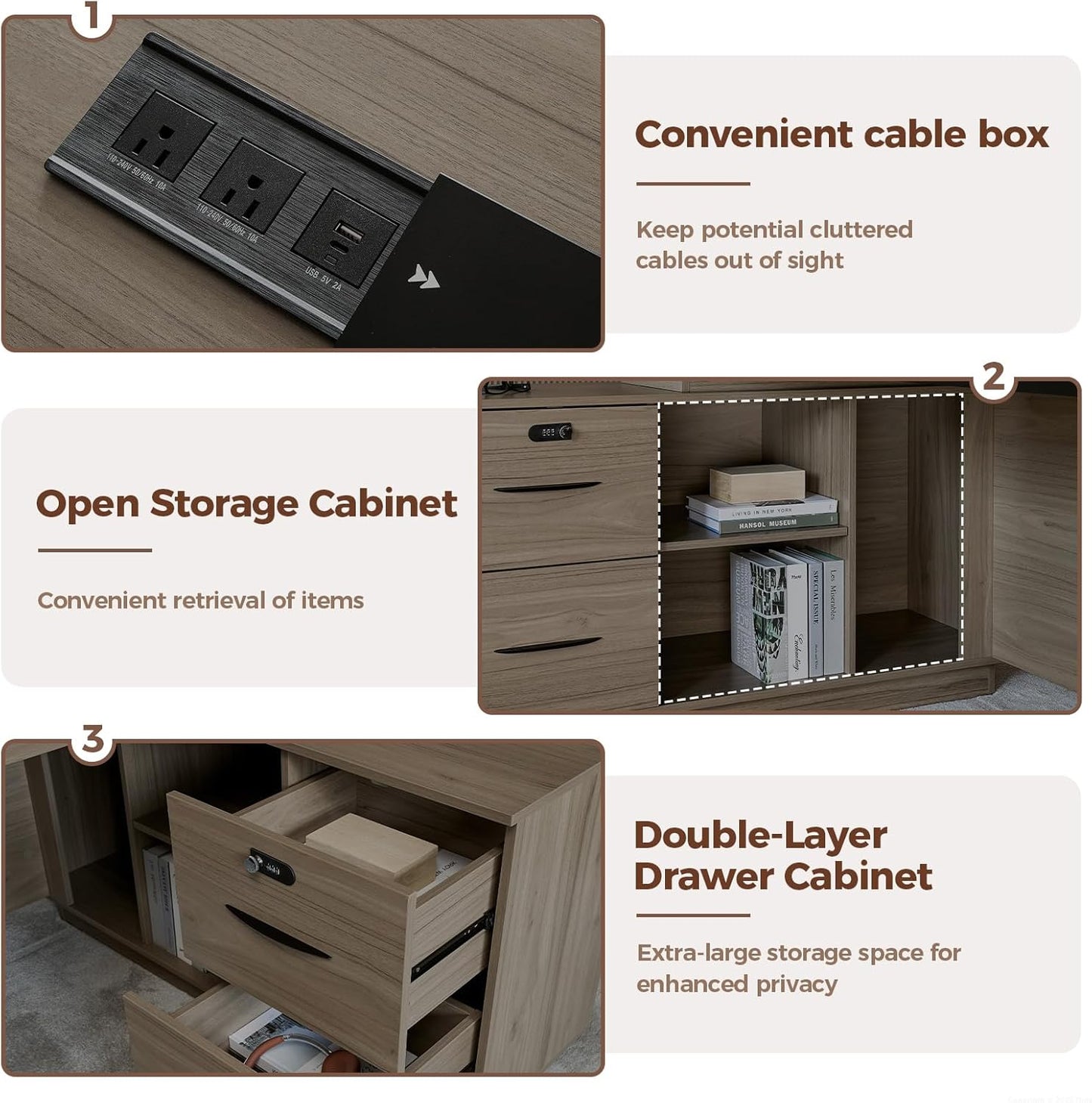 Executive Office Desk with Reversible Cabinets, Lockable Drawers, Cable Box & Privacy Panel – Modern Wood Grain Desk for Home Office or Business Use(Black Walnut,63" L*32" W*30" H)