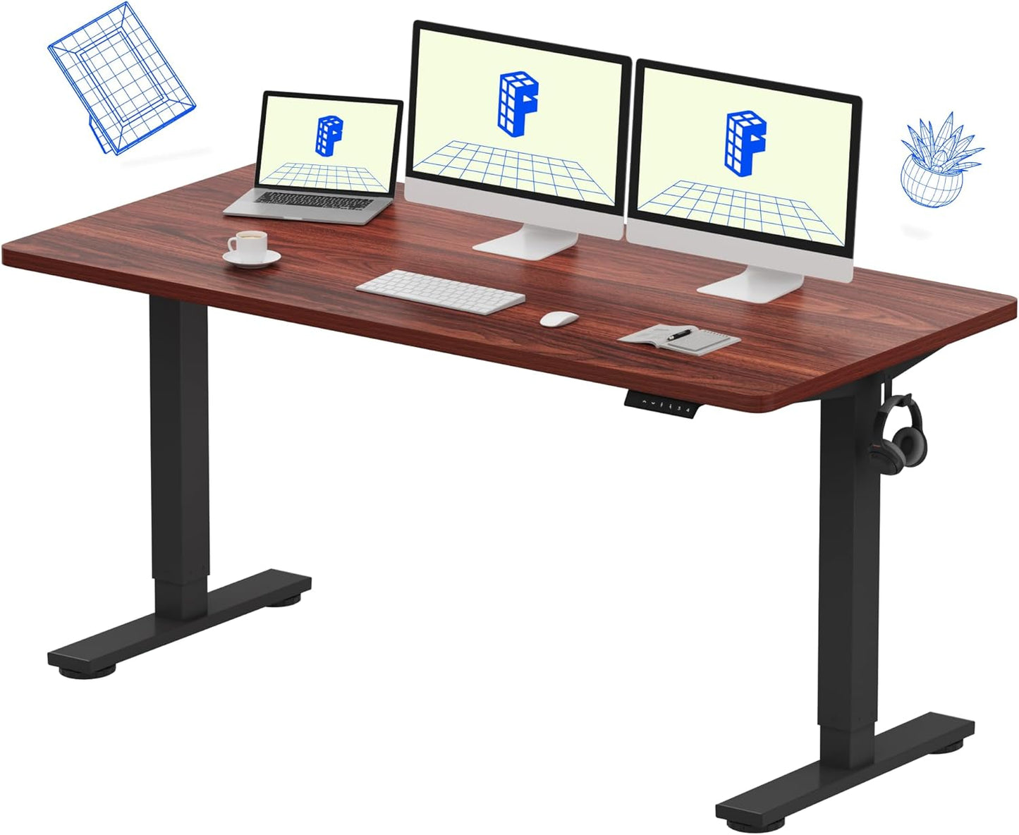 FLEXISPOT EN1 Whole-Piece Standing Desk - 60"x24" Electric Stand Up Desk Workstation, Home Office Computer Standing Table Height Adjustable (Black Frame + Mahogany Top, 2 Packages)