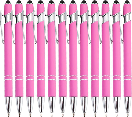 PASISIBICK 12 Pieces Pink Ballpoint Pen with Stylus Tip, 2 in 1 Stylus Stylish Pen, Premium Metal Stylus Pen for Touch Screens, Black Ink, 1.0 mm Medium Point(12 PCS Pink)