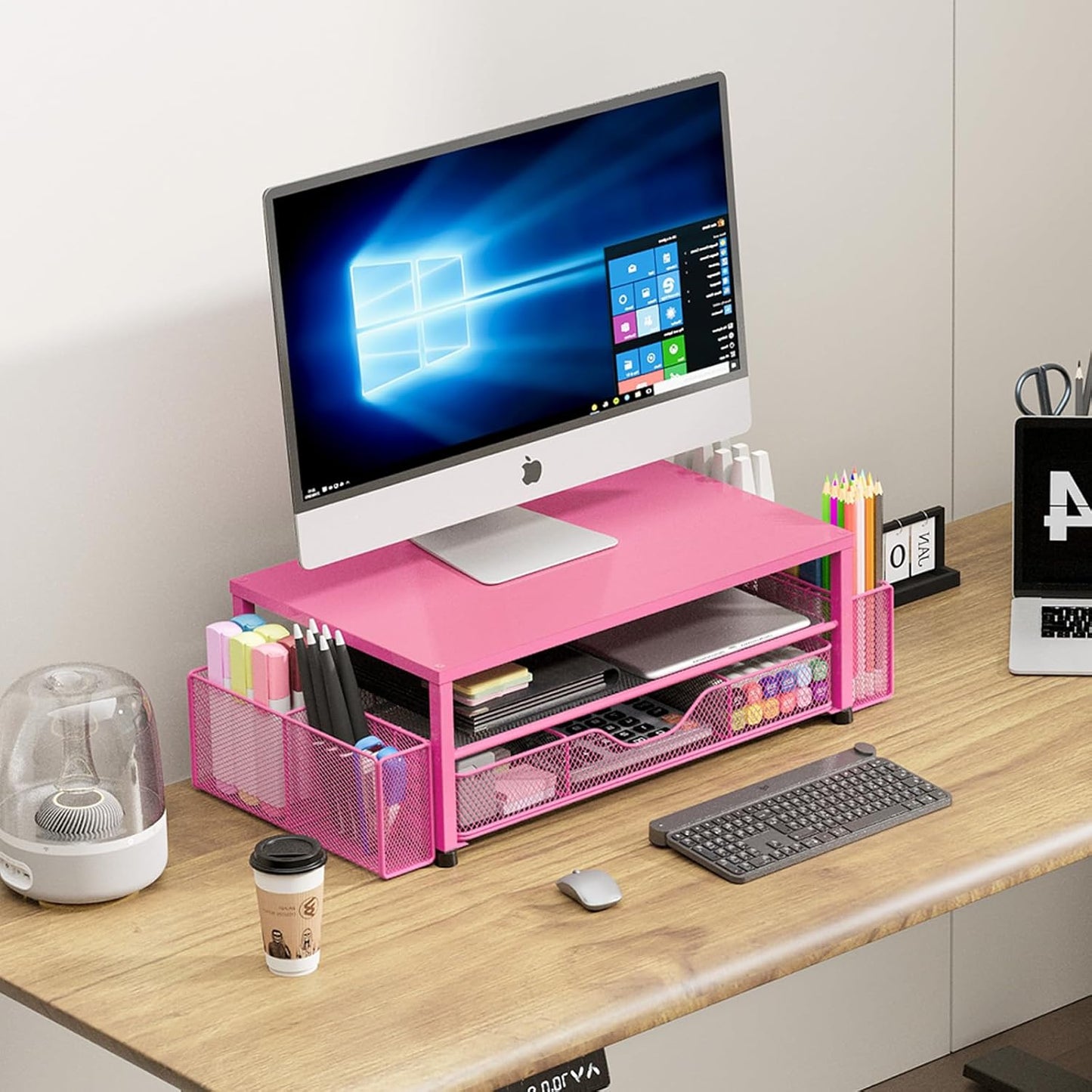 Desk Organizer and Accessories, 2-Tier Computer Monitor Stand with Drawer and 2 Pen Holders, Laptop Stand, Office Desk Accessories for Office Supplies, Carmine Rose