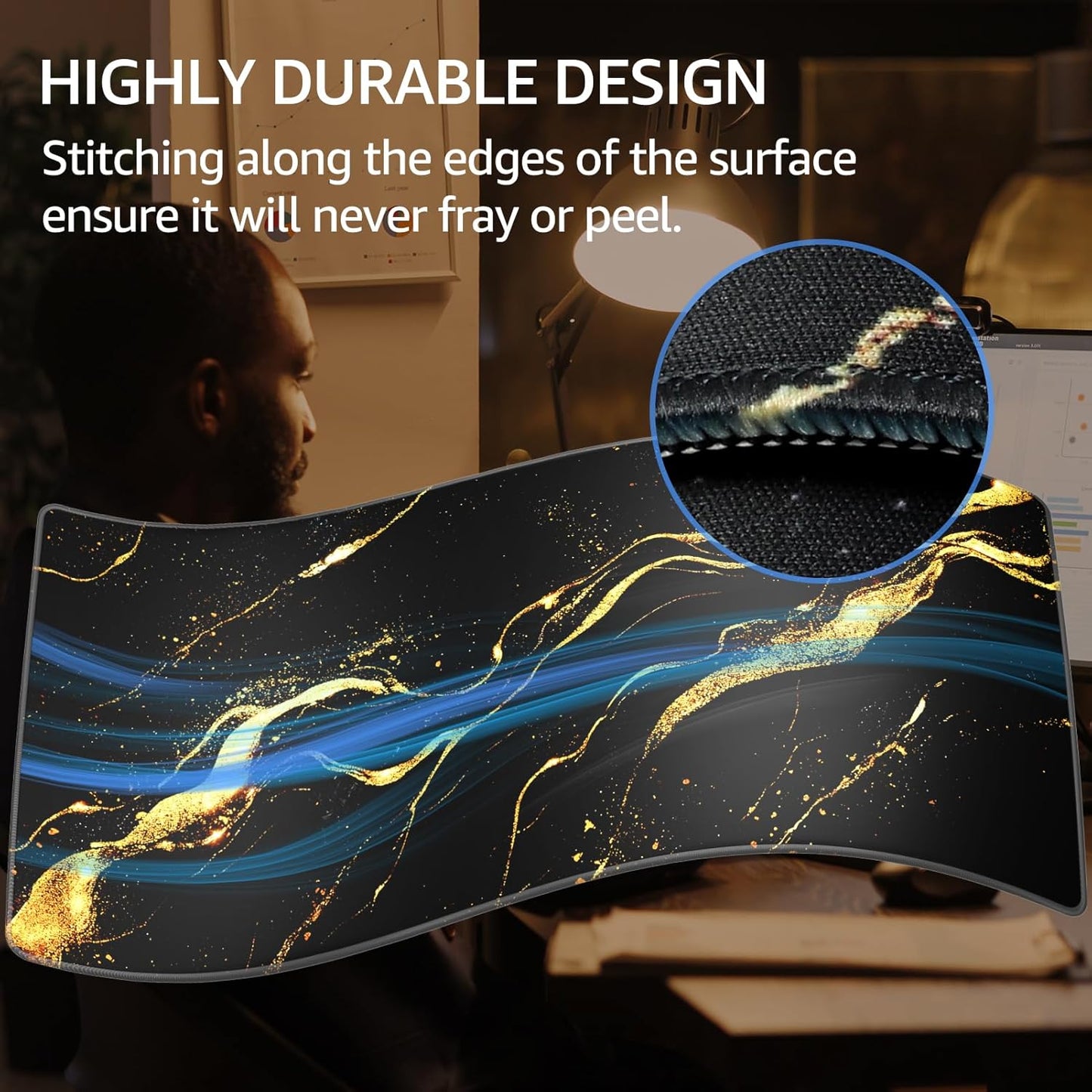 KTRIO Large Gaming Mouse Pad with Stitched Edges, Extended Mousepad with Superior Micro-Weave Cloth, Non-Slip Base, Water Resist Keyboard Pad for Gamer, Office & Home, 31.5x15.7in, Black Gold