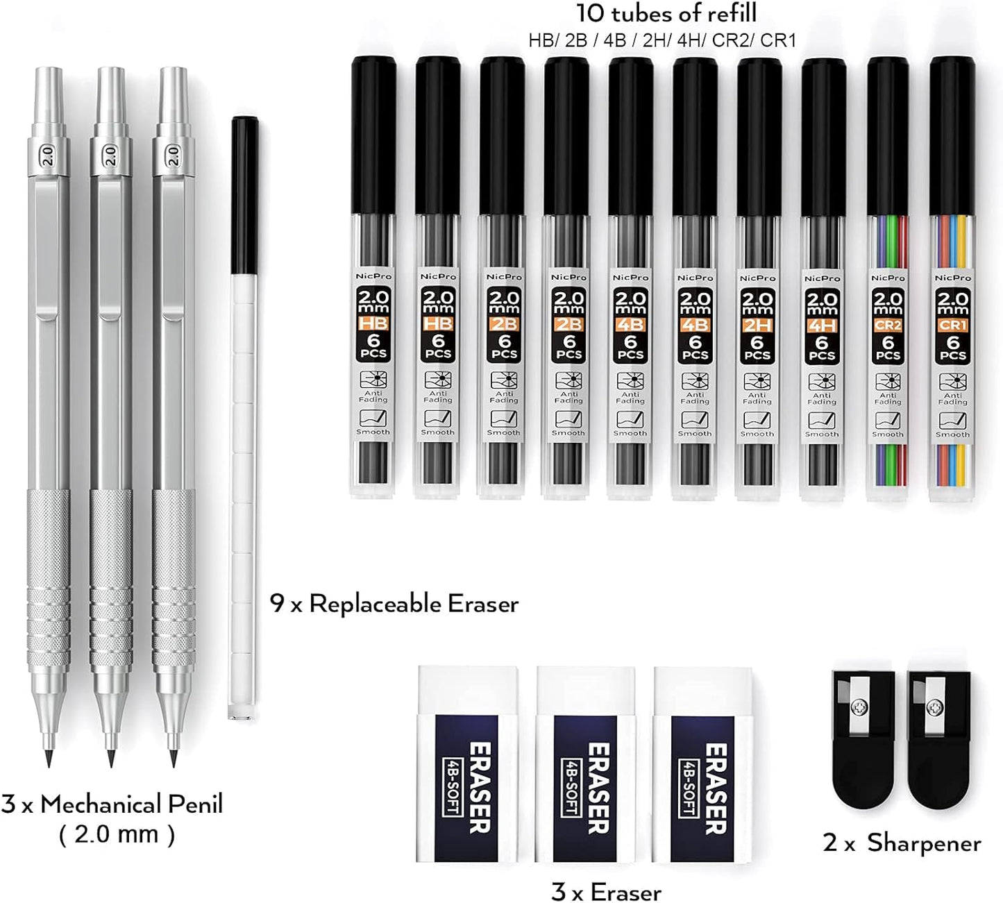 Nicpro Metal 2.0 Mechanical Pencil Set with Case, 3 PCS Drafting Lead Holder with 10 Tubes 2mm Graphite Lead Refill(HB 2H 4H 2B 4B) &Colors, Sharpeners, Erasers for Artist Writing, Drawing, Sketching