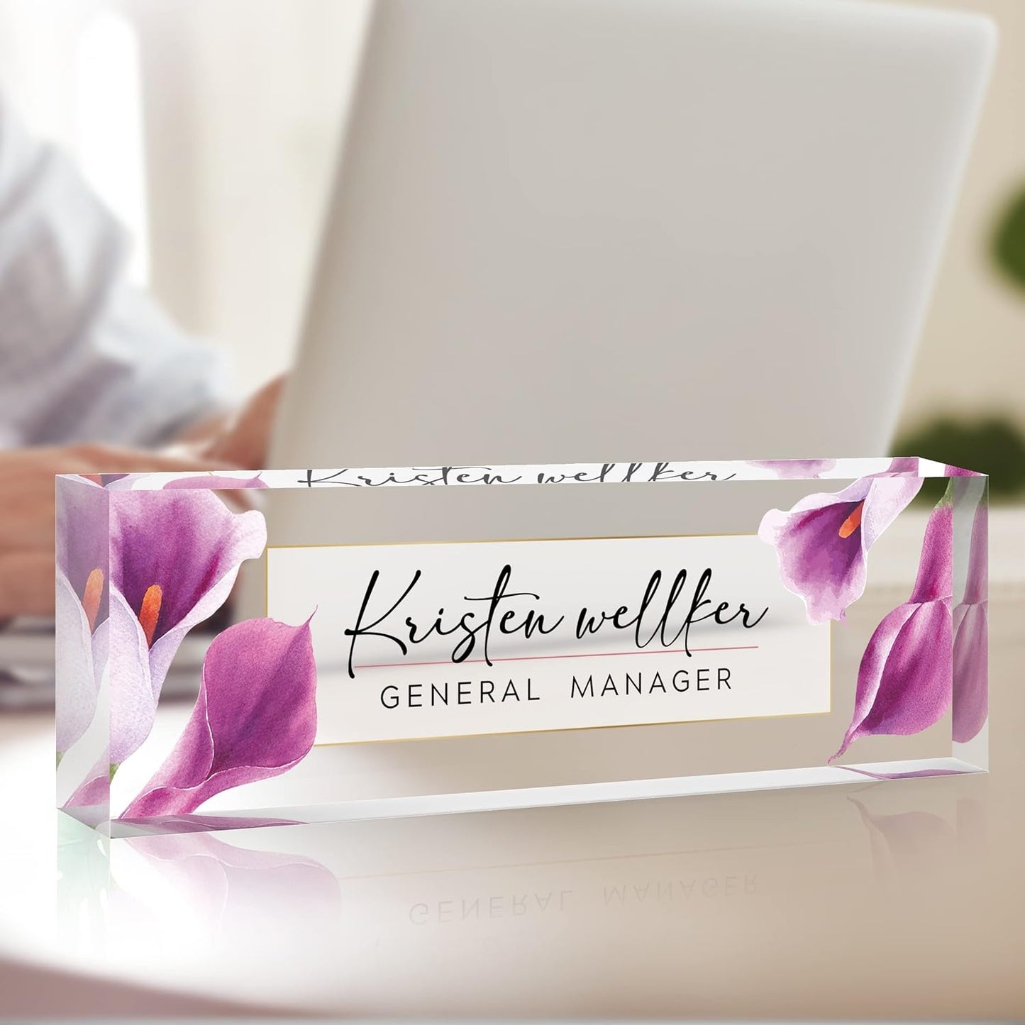 Desk Name Plate Personalized, Premium Purple Calla Lily Acrylic Desk Name Plate, Personalized Name Plate for Desk, Office Decor for Women or Men Coworkers, Boss, Employee, Teacher