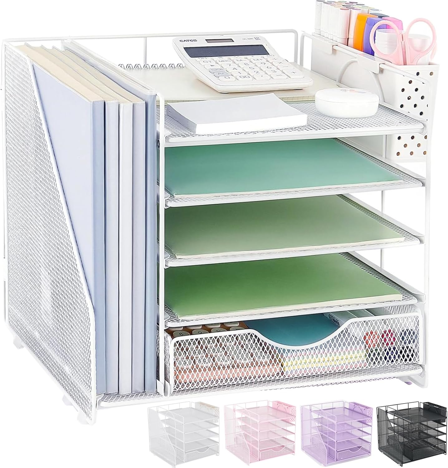 Desk Organizer with Drawer and Pen Holder, 5-Tier Paper Letter Tray Organizer with File Holder, Suitable for Workspace Organizer Office Supplies Storage (White)