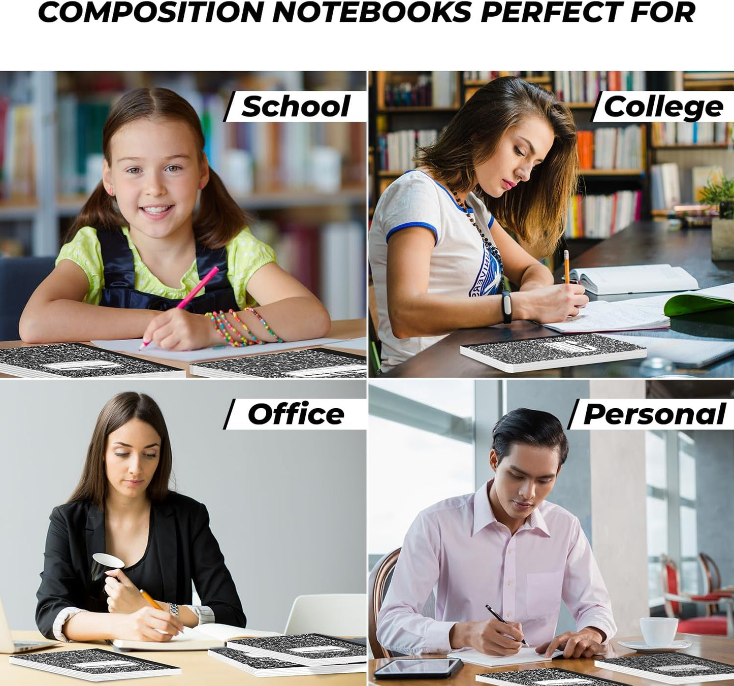 12 Pack Composition Notebook Wide Ruled Bulk, 200 Pages (100 Sheets), 9-3/4 x 7-1/2", Hard Cover Wide Ruled Notebook Bulk, Black Marble Composition Notebook Wide Ruled, Bulk Office Notebooks