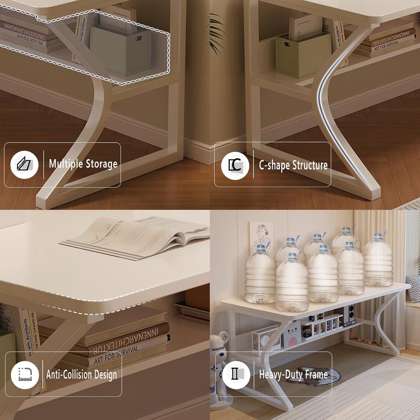 Extra Long Desk with Bookshelf - 71" Double Long Writing Table for 2-Person Workstation, Modern Study Work Computer Desk for Home and Office, Warm White