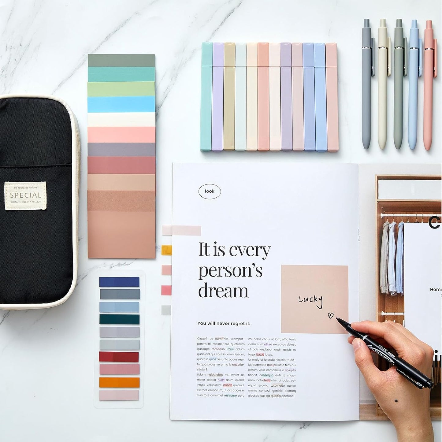 Jutom 39 Pcs Aesthetic Book Annotation Kit Highlighter with Pencil Case Bag Gel Pen Transparent Sticky Note Taking Bible Study College School Supplies(Black,Cute Style)