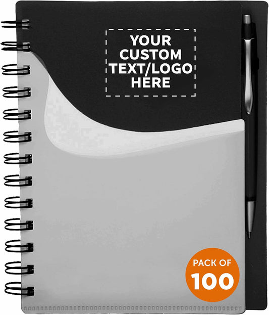 DISCOUNT PROMOS Custom Spiral Notebooks with Front Pocket Set of 100, Personalized Bulk Pack - Durable Plastic Cover, Includes Matching Pen in Blank Ink, Perfect for School, Office, Home - Black