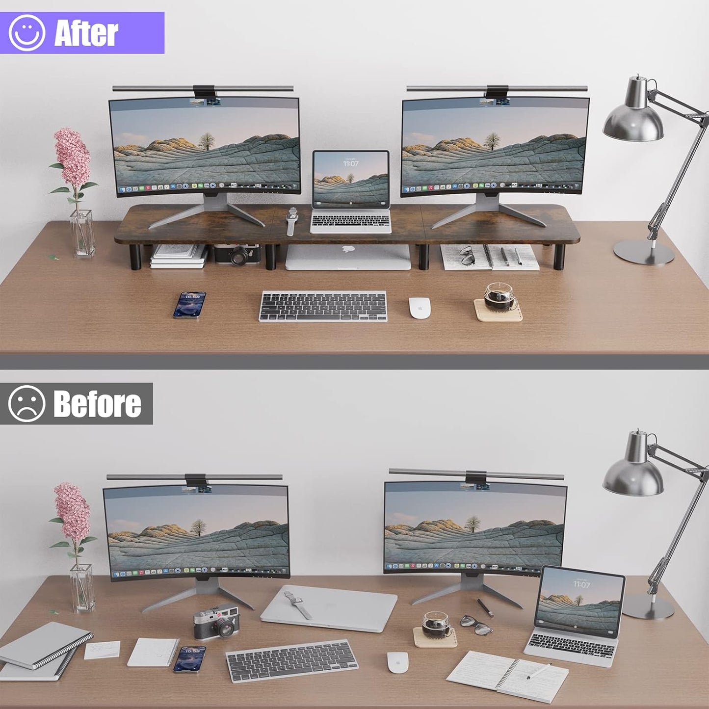 Dual Monitor Stand - 43.7 inch Extra Long Wide TV Stand - Wood & Steel Leg Desktop Riser - Desk Organization - Home Office (Vintage)