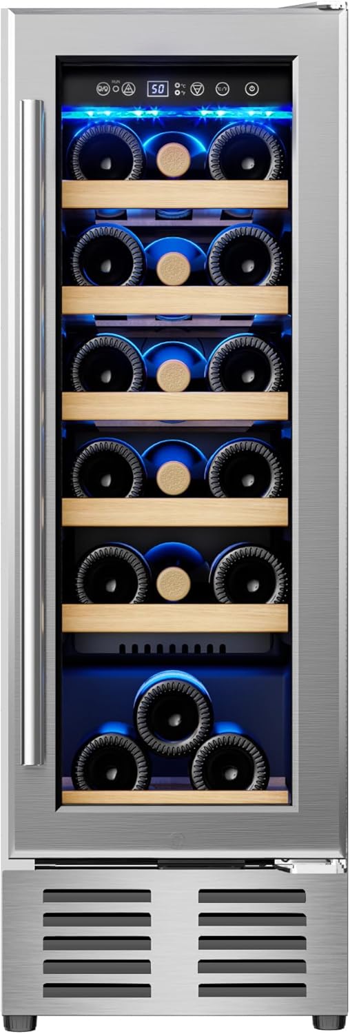 EUHOMY 12 Inch Wine Cooler Refrigerator, Wine Fridge 18 Bottles, Built-in or Freestanding with Double-Layer Tempered Glass Door, Mini Fridge with Quiet and Temperature Memory Function