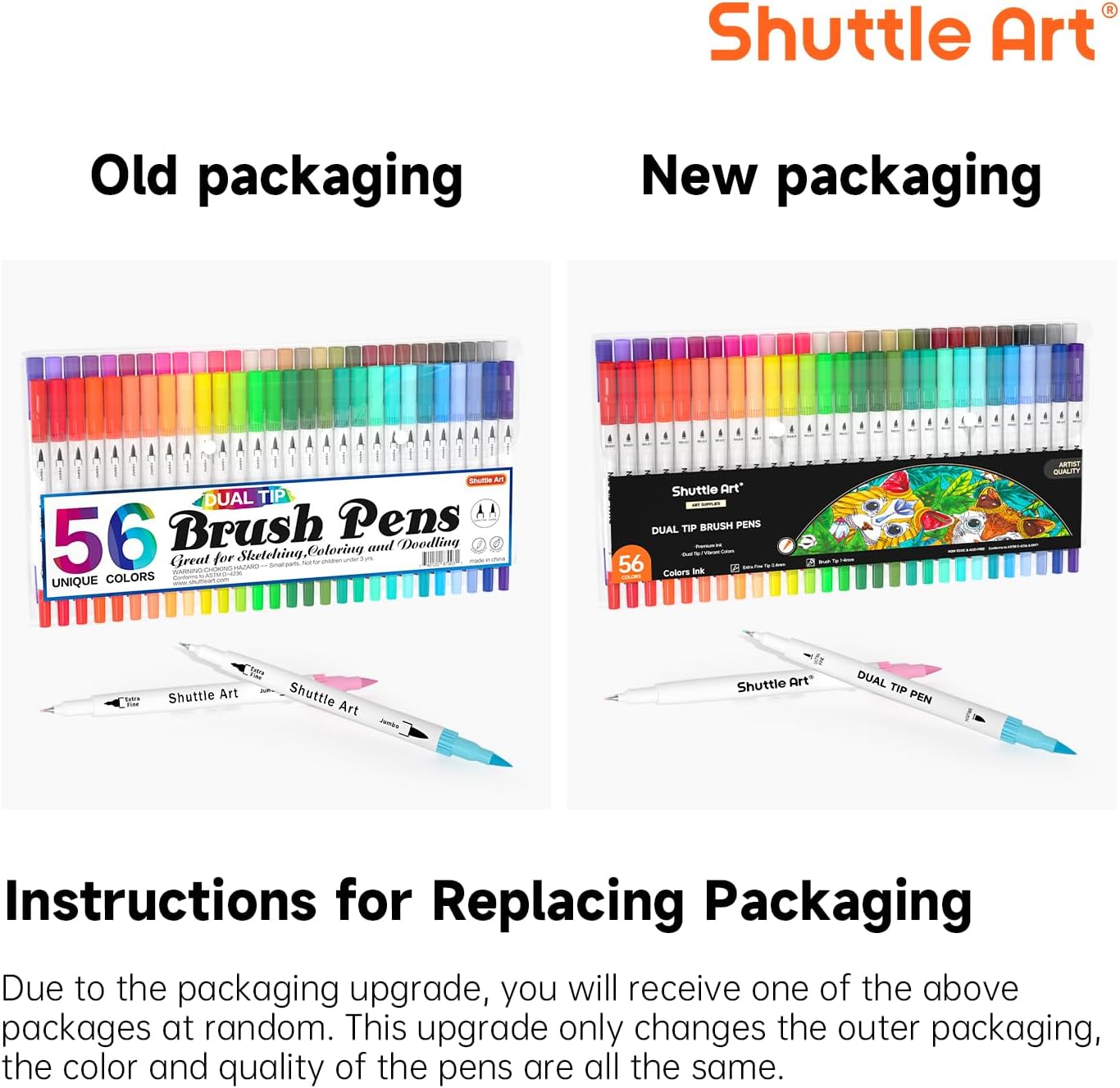 Shuttle Art Dual Brush Marker Pens, 56 Colors Water-based Ink, Dual Tip Calligraphy Pens Fineliner and Brush Tip perfect for Kids Adult Artist, Hand Lettering, Journal, Doodling, Writing