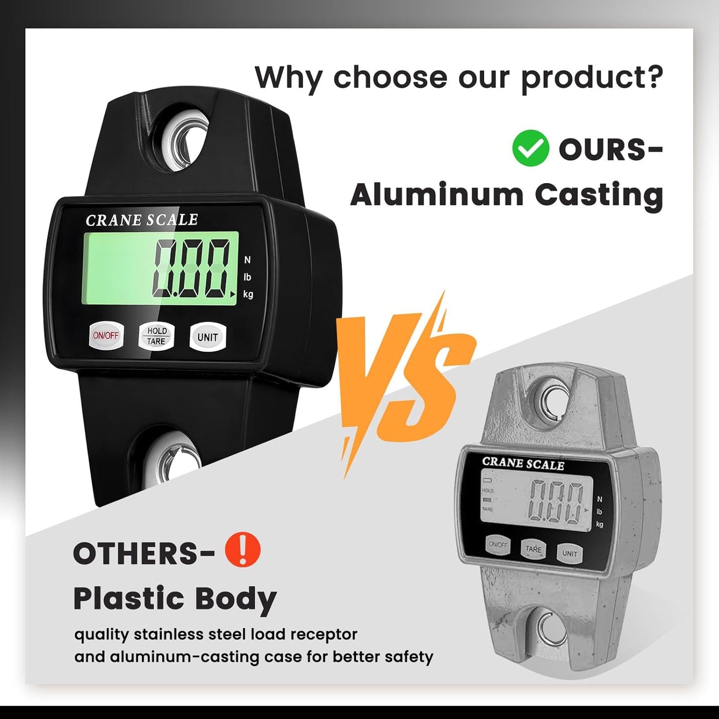 Digital Hanging Scale, 1102lb Crane Scale, 500kg Black Digital Electronic Weighing Scale with LCD Display for Hunting, Outdoor, Bass Fishing, Big Game, Farm