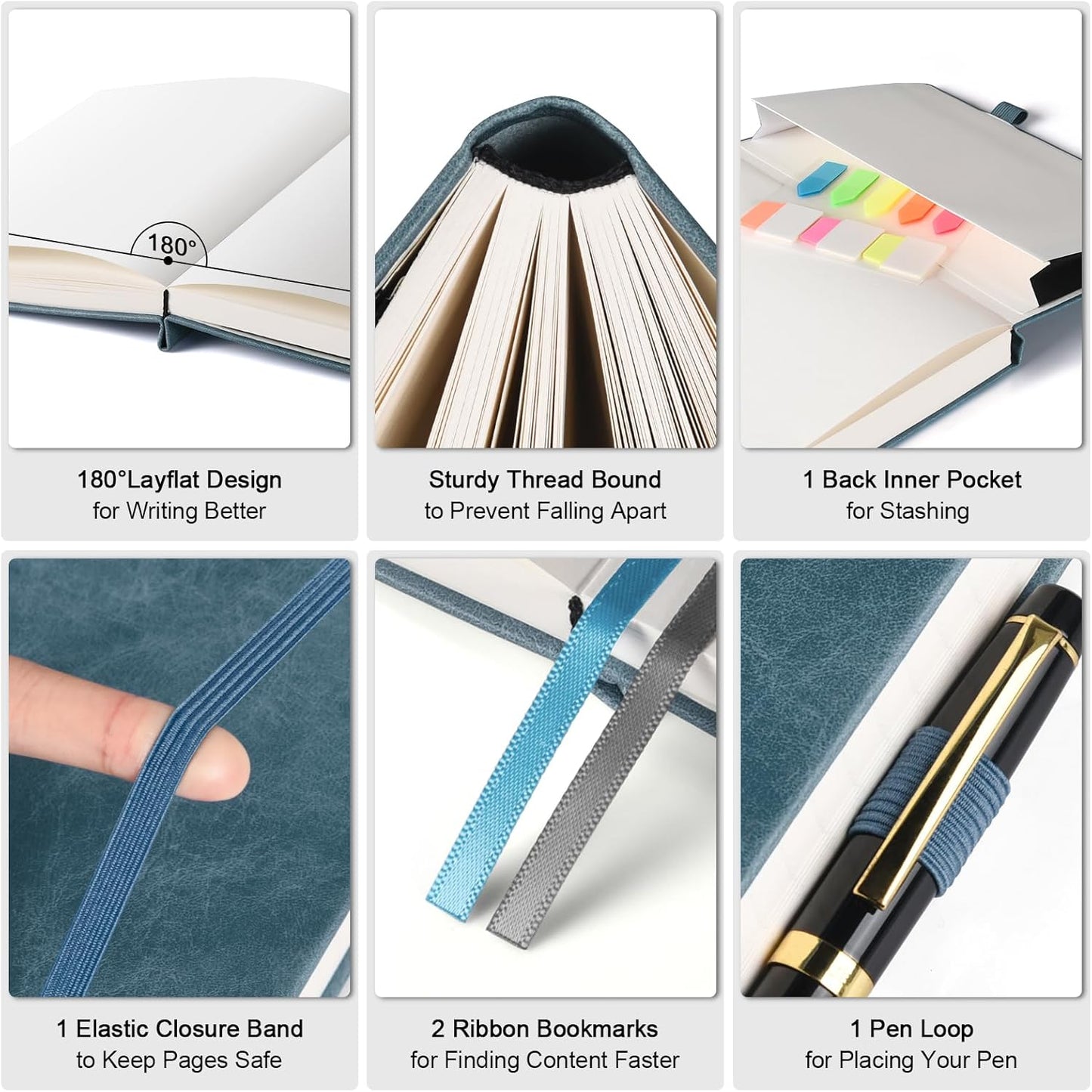 Graph Paper Notebook, 312 Numbered Pages A5 Hardcover Leather Journal, 100gsm No Bleed Grid Paper Notebook with Index Pages, Grid Notebook for Graphing Notes Math, 5.75" x 8.38", Grey Blue