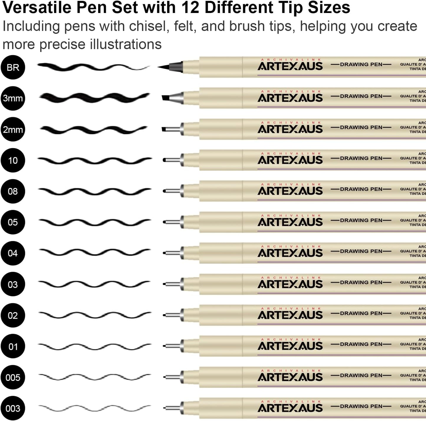Micro Fineliner Drawing Art Pens, 12 Assorted Sizes, Waterproof Archival Ink, Art Supplies for Adults Sketching, Calligraphy, Technical Illustrators.