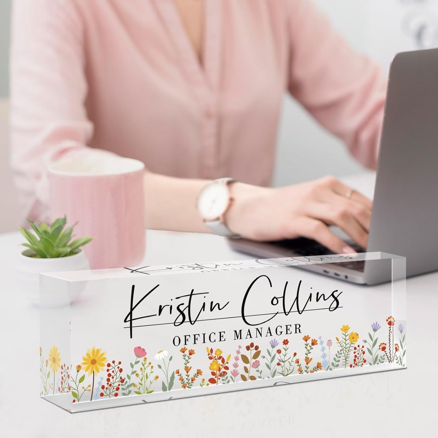 Custom Name Plate for Desk, Acrylic Office Decor For Women Men, Personalized Office Desk Accessories, Teacher Employee Appreciation Gifts For Social Worker Boss Coworkers (Flowers-1)