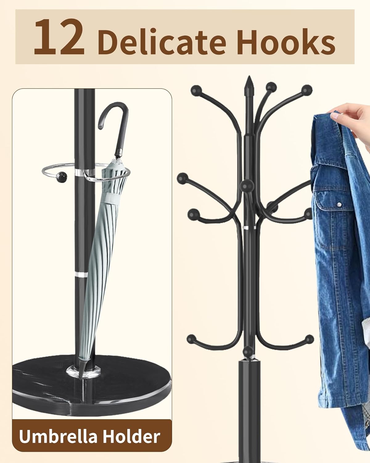 EZIVIEZ Modern Coat Rack Stand, Metal Freestanding Coat Rack with Natural Marble Base, Heavy-Duty Coat Racks with Umbrella Holder,Black Coat Hanger Stand with 12 Hooks for Office, Entryway, Hallway