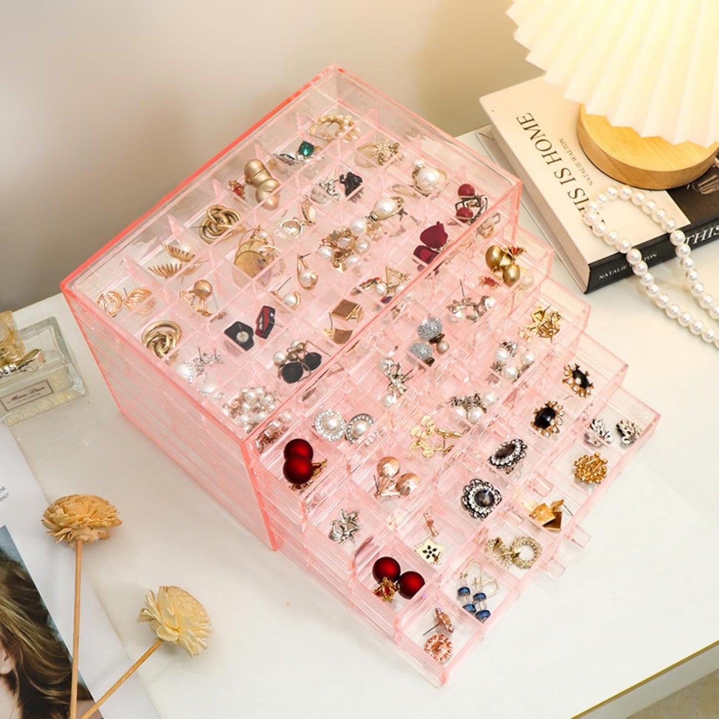 Feadily Acrylic Jewelry Organizer Box, Jewelry Drawer Organizer With 5 Drawers 120 Grids, Pink